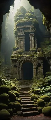 Ancient, mysterious cave, grand stone entrance, intricate carvings, moss-covered walls, dim torch lighting, vast underground chamber, stalactites, stalagmites, crystal formations, misty atmosphere, fo