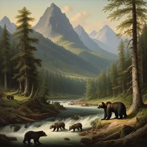 brown bears,black bears,forest animals,the bears,grizzlies,mountain scene,Art,Classical Oil Painting,Classical Oil Painting 10