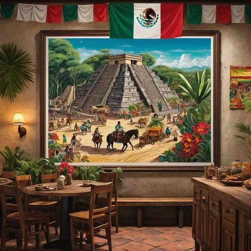 a detailed realistic landscape photo of Mexico featuring the ruins of Tenochtitlan,  The Day of the Dead, Chichen Itza; include a chocolate waterfall; a  Mariachi band playing on the sidewalk; a large