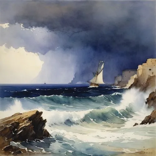 landscape with sea,stormy sea,coastal landscape,seascape,sea landscape,sea storm,thomas moran,seascapes,rocky coast,joseph turner,el mar,breton,cape marguerite,arklow wind,beach landscape,storm,edward lear,stormy,watercolour,watercolor,Illustration,Paper based,Paper Based 23