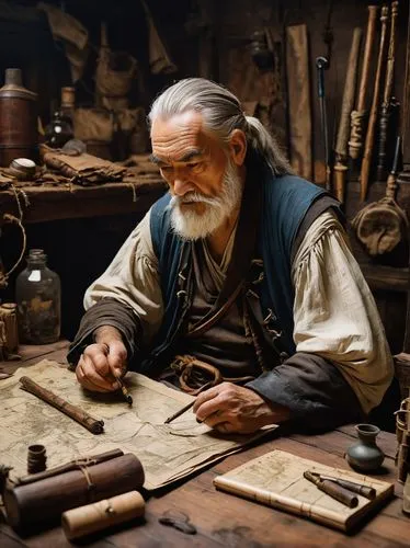 Kaido, Jolly Roger creator, old man, pirate, white beard, bushy eyebrows, worn-out clothes, torn sleeves, brown boots, wooden cane, sitting, workshop, dim lighting, scattered tools, half-finished ship