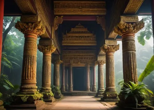 Ancient temple, intricate carvings, vibrant colors, ornate details, grand entrance, massive pillars, symmetrical composition, golden accents, cultural heritage, historical significance, warm natural l