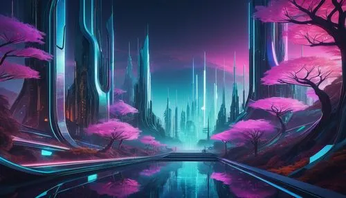 futuristic landscape,fantasy landscape,beautiful wallpaper,arbor,virtual landscape,3d fantasy,3d background,rift,lagoon,pathway,forest of dreams,cyberia,4k wallpaper,purple landscape,cyberscene,vapor,neon arrows,background design,world digital painting,landscape background,Conceptual Art,Sci-Fi,Sci-Fi 05