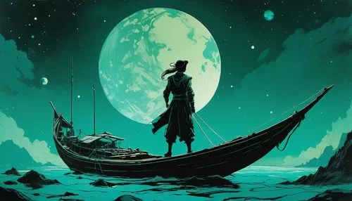 In dreams, I'm sailing across hyperspace among the planets, by Lotte Reiniger, by Zao Wou-Ki, teal,a painting of a woman stands on the stern of a boat as the moon rises,malazan,the wanderer,pescador,a