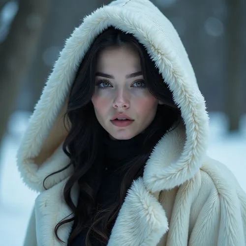 A dark-haired beautiful young woman in white fur with a hood in the snow.  Flirty.,a girl in a hooded jacket looking off into the distance,white fur hat,zhenya,snow white,eskimo,evgenia,the snow queen