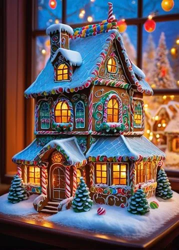 Whimsical gingerbread house, fairy-tale-like, ornate details, icing decorations, candy canes, gumdrop buttons, colorful lollipops, intricate stonework, bright windows, flower-patterned roof tiles, sno