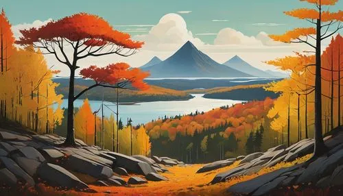 autumn mountains,fall landscape,autumn landscape,autumn background,mountain landscape,mountain scene,mushroom landscape,landscape background,mountains,autumn forest,mountainous landscape,autumn theme,mountain,forest landscape,autumn idyll,autumn scenery,fantasy landscape,giant mountains,autumn camper,mountain world,Illustration,Vector,Vector 08