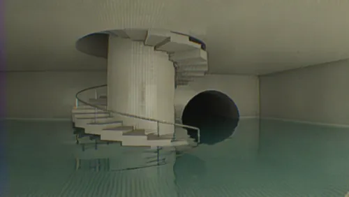 an moving water in pool place with 90s VHS filming,the po is of a very tall and skinny building with a spiral stair,water stairs,hejduk,spiral staircase,aqua studio,acconci,swim ring