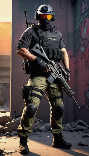 male character, master guardian elite rank, Counter-Strike theme, tactical gear, kevlar vest, helmet with visor, holding rifle, combat boots, camouflage pants, tactical gloves, confident stance, urban