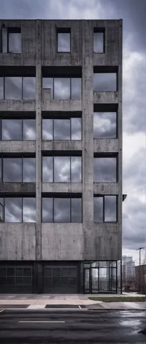 Brenner architecture, modern brutalist building, angular concrete structure, geometric shapes, asymmetrical facade, large windows, industrial metal doors, urban landscape, cityscape, metropolitan atmo