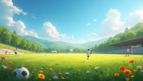 Sports meadow, sunny day, bright blue sky with few white clouds, lush green grass, vibrant wildflowers of various colors, rolling hills, gentle breeze, sports equipment scattered around, soccer ball, 