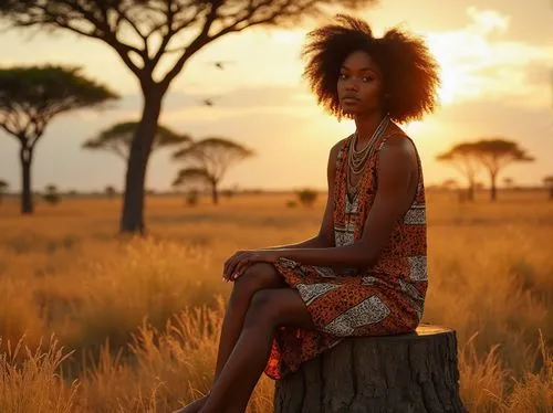 Savannah-inspired woman, Afro-puff hair, natural earthy tone makeup, African-print dashiki dress, layered necklace, anklet, barefoot, sitting on tree stump, surrounded by Acacia trees, golden hour, wa