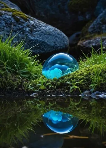 crystal ball-photography,green bubbles,liquid bubble,waterdrop,lensball,frozen bubble,a drop of water,dewdrop,underwater landscape,glass sphere,dew on grass,water scape,reflection in water,mountain spring,water droplet,reflection of the surface of the water,drop of water,water drop,terrarium,waterscape,Photography,General,Realistic