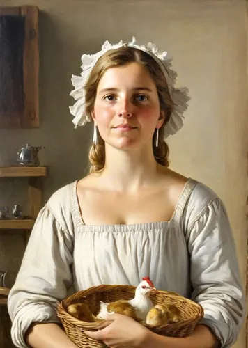 A picturesque portrait of a young blond peasant woman with gray eyes in the style of painting by Diego Velazquez. The woman is wearing a white Dutch headdress. In her hands she holds a brown chicken a