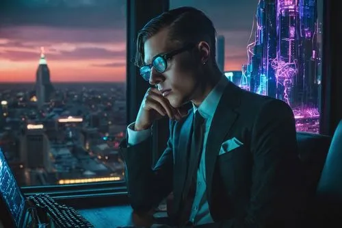 black businessman,cybertrader,ceo,salaryman,businessman,cyberpunk,above the city,executives,african businessman,banker,city ​​portrait,executive,night administrator,cios,thinking man,karoshi,giovanni,wallstreet,corporate,business man,Illustration,Realistic Fantasy,Realistic Fantasy 47