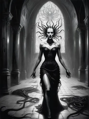 sorceress,the enchantress,gorgon,priestess,dark elf,medusa gorgon,queen of the night,gothic woman,dark gothic mood,medusa,sepulchre,dryad,dark art,dance of death,lady of the night,evil woman,goth woman,hall of the fallen,angel of death,cybele,Illustration,Black and White,Black and White 30