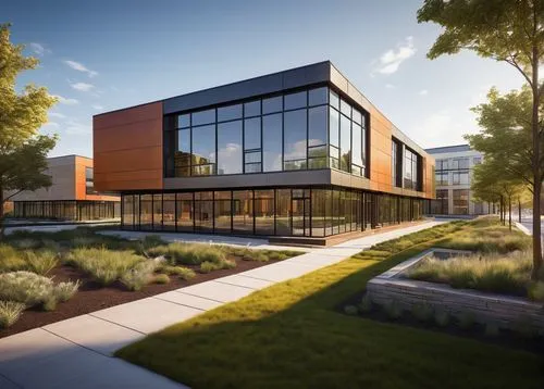 Bloomington IL, modern ea architecture, building exterior, glass facade, steel frames, green roof, urban landscape, cityscape, afternoon sunlight, warm tone, sharp lines, geometric shapes, minimalist 