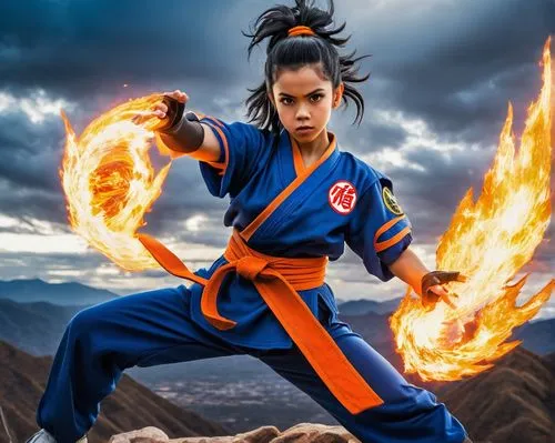 Jenna Ortega, Dragon Ball heroine, strong athletic build, spiky black hair, piercing brown eyes, bold eyeliner, red lipstick, iconic orange gi, white sash, blue undershirt, martial arts stance, dramat