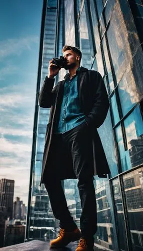 male photographer, 30s, casual outfit, camera in hand, standing, leaning against a skyscraper, modern cityscape, glass windows, steel beams, urban atmosphere, afternoon sunlight, low-angle shot, drama