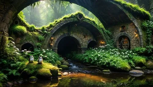 fantasy landscape,fairy village,elven forest,fairy forest,fantasy picture,fairytale forest,fairy world,fairy house,fantasy art,3d fantasy,enchanted forest,mushroom landscape,hobbiton,tunnel of plants,faery,wishing well,green forest,fairy tale,a fairy tale,hobbit,Photography,General,Fantasy