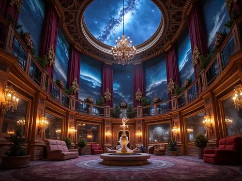 ornate room,neverland,lachapelle,dreamfall,sanctum,ballroom,musical dome,3d fantasy,imaginarium,grandeur,the throne,opulence,opulently,cochere,chandelier,antechamber,blue room,dandelion hall,naboo,stage curtain