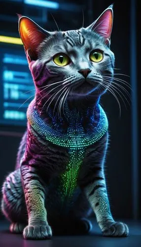 A captivating image of a genetically modified cat with unusual mutated features. The cat has a vibrant, multi-colored coat with iridescent scales, and its eyes glow with an intense, otherworldly hue. 