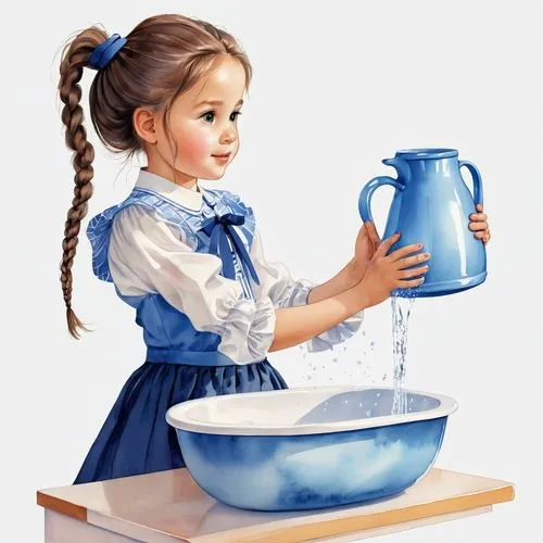 girl with cereal bowl,milkmaid,milk pitcher,culligan,watering can,water jug,Photography,General,Realistic