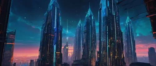 Futuristic mach architecture, cyberpunk skyscraper, neon lights illuminating the dark night sky, metallic materials, glass windows reflecting city lights, intricate circuitry patterns on walls, hologr