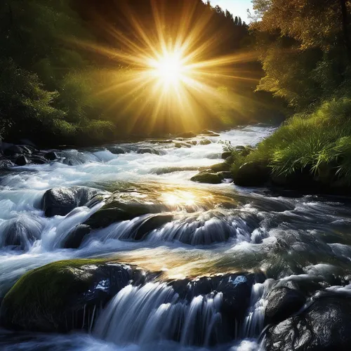 flowing water,sunburst background,sunbeams,sun rays,sunrays,mountain stream,god rays,rays of the sun,sun ray,rushing water,clear stream,water flowing,rapids,mountain spring,mountain river,flowing creek,water flow,sunray,sun reflection,river landscape,Photography,Black and white photography,Black and White Photography 07