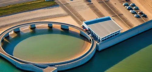 puente en la playa,wastewater treatment,sewage treatment plant,hydropower plant,hydroelectricity,danube lock,wastewater,cooling tower,water power,water plant,inland port,danube bridge,aerial landscape