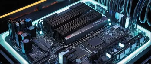 Computer architecture, motherboard, CPU, RAM, GPU, cooling system, wires, circuits, metal casing, sleek design, modern interior, futuristic laboratory, neon lights, dark background, close-up shot, det