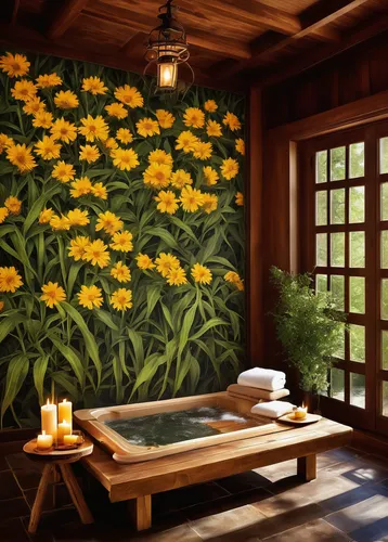 japanese-style room,flower painting,spa,spa items,day spa,luxury bathroom,the garden marigold,day-spa,sand coreopsis,bathtub,bamboo curtain,golden lotus flowers,flower wall en,health spa,yellow garden,garden marigold,ryokan,japanese floral background,yellow wallpaper,flower water,Photography,Documentary Photography,Documentary Photography 29