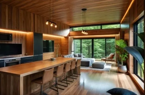 Sliding glass doors see through the wall.,modern kitchen interior,wood casework,modern kitchen,kitchen design,interior modern design,mid century house,bohlin,kitchen interior,cabinetry,cabin,paneling,