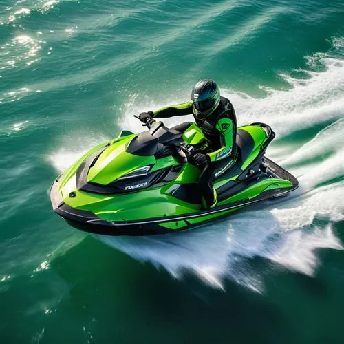 (High quality picture), ((HD clarity)), (Sunlight) A beautifully decorated green Jet ski for racing is running in the sea during the day.,jetski,jet ski,jetskis,patrol,jetboat,watercraft,speedboat,pow