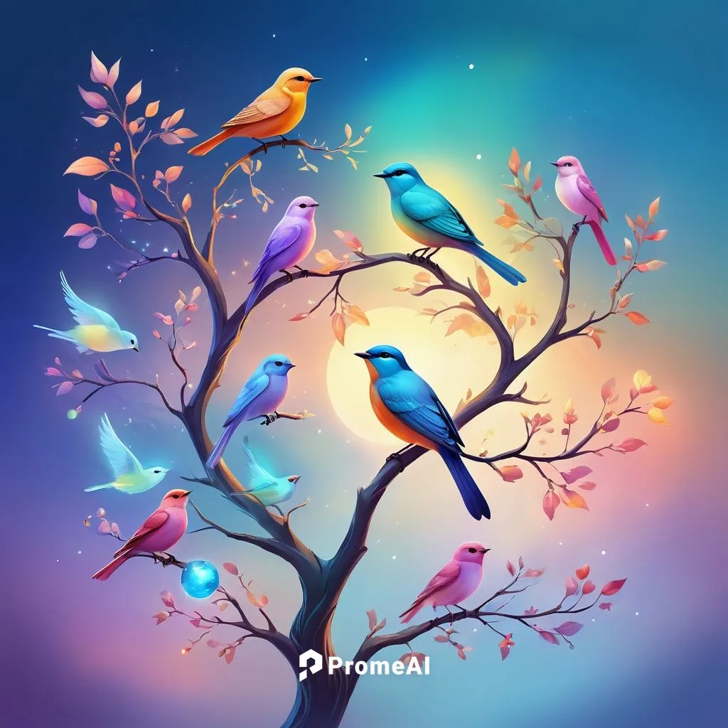 Colorful translucent icons, high quality, a bird sitting on branch, gradient background, glowing,birds on a branch,birds on branch,colorful birds,blue birds and blossom,flower and bird illustration,so