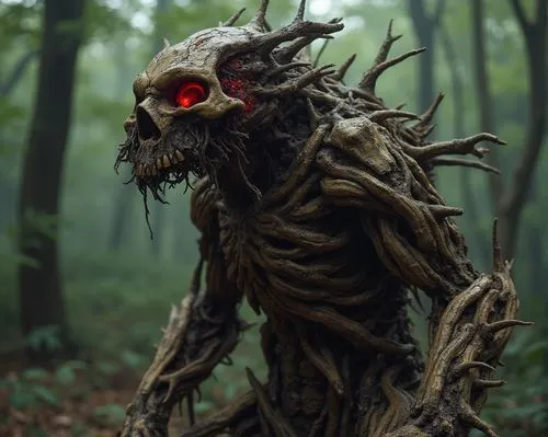 A creature made of wood that has skulls growing from inside it. A red glow comes from within it. It stands in a sark forest.












,a creepy looking creature standing in the middle of a forest,w