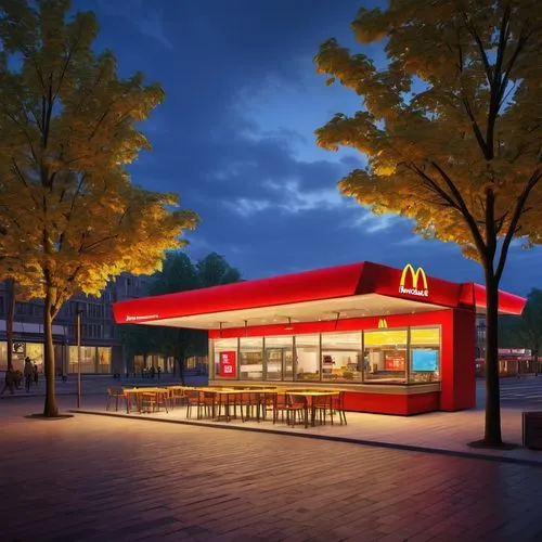 McDonald's, modern fast food restaurant, yellow arches, bright red walls, large glass windows, metal frames, sleek lines, minimalist interior, wooden tables, plastic chairs, self-service kiosk, digita