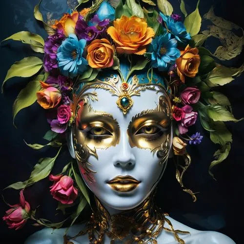 venetian mask,masquerade,bodypainting,viveros,body painting,golden mask,oshun,headdress,elven flower,bodypaint,bohemian art,flowerhead,masques,mascarade,floral skull,gold mask,baoshun,la calavera catrina,tretchikoff,masquerading,Photography,Artistic Photography,Artistic Photography 08