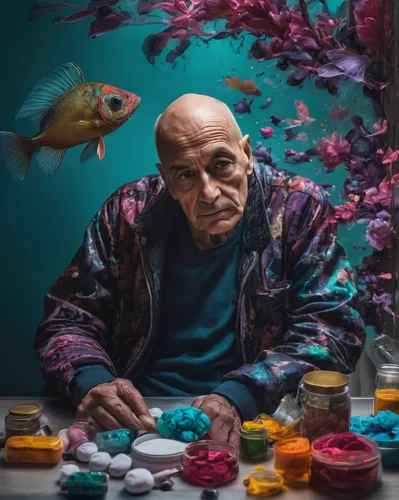 Experience the bittersweet journey of a terminally ill patient and his experimental medication.,fish-surgeon,elderly man,pensioner,elderly person,old age,fishmonger,photo manipulation,world digital pa