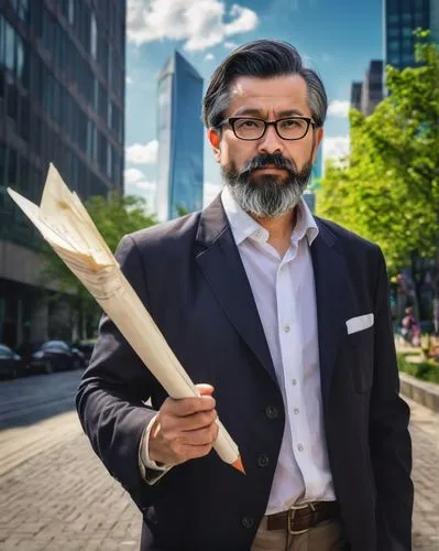 Middle-aged, male, master of architecture, urban designer, professional attire, glasses, short black hair, beard, standing, confident pose, holding blueprints, pencil in hand, cityscape, skyscrapers, 