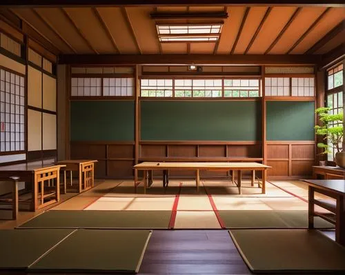 Traditional Japanese classroom, wooden desks, green chalkboard, sliding Shoji screens, Tatami mats, natural light pouring in through large windows, subtle warm wood tones, soft overhead lighting, trad