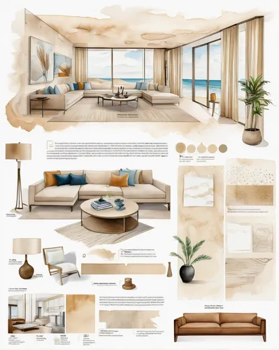 Watercolor (living room interior design:1.3) with material suggestion for a modern minimalist house, moodboard, sand tone rendering, a digital rendering, trending on behance, majestic dunes, award win