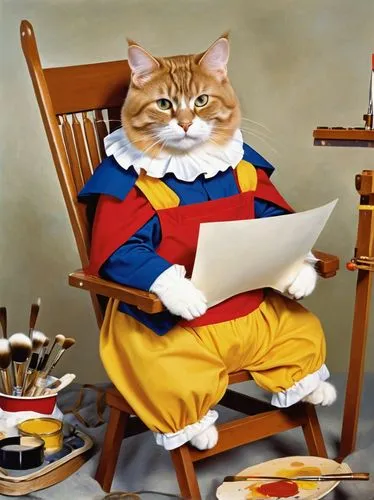 writerly,mehitabel,maometto,tea party cat,watercolourist,playwright,Illustration,Retro,Retro 18