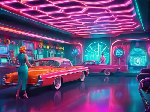 Imagine a nightclub filled with energetic music and pulsating neon lights.,retro diner,ufo interior,neon cocktails,neon coffee,nightclub,neon drinks,drive in restaurant,diner,neon lights,80s,electric 