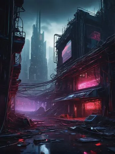 Error 404 page, futuristic sci-fi architecture, neon-lit cityscape, broken glass and steel beams, glitch effects, holographic screens displaying error messages, robotic arms and wires scattered around