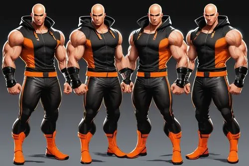 A male superhero, bald, dark skin tone, muscular figure, glowing eyes, sleeveless hoodie, arm gauntlets, color: Orange and black, cel-shaded color block comic book art style,nappa,deathstroke,metamorp