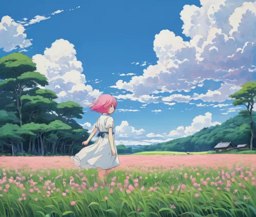 by studio ghibli, 10 year old girl with pink hair, whit si;pale dress, alone in a field, blue sky with clouds,blooming field,sakura background,field of flowers,flower field,lily of the field,flowers f