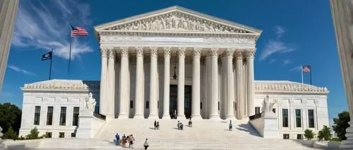 Supreme Court building, neoclassical architecture, marble columns, grand staircase, ornate details, high ceiling, large windows, American flag, Washington D.C., sunny day, blue sky, green grass, walki