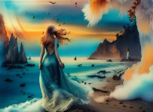 beautiful nude female 35 45 from brazil infront of the sea wave and amazing sunset flying bird above ,a girl is standing on the sand near a bird,fantasy picture,fantasy art,fantasy landscape,dreamscap