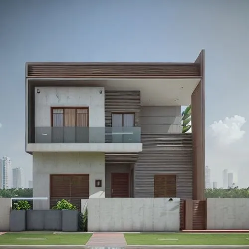 contemporary architecture, wooden tiles, light grey and copper tiles, hyper realistic, indian urban settings
,residential house,build by mirza golam pir,modern house,floorplan home,two story house,3d 